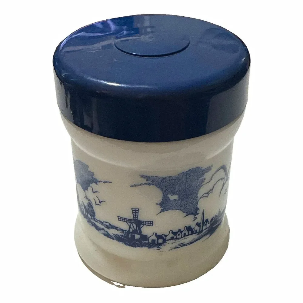 Vintage Willem II Opaline Milk Glass Cigar Tobacco Jar Blue Dutch Scene Lid